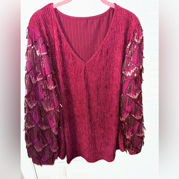 NEW Women's 2X Plus Size Sequin Sleeve Top Raspberry Sparkle Tunic V Neck Sexy - Picture 2 of 8